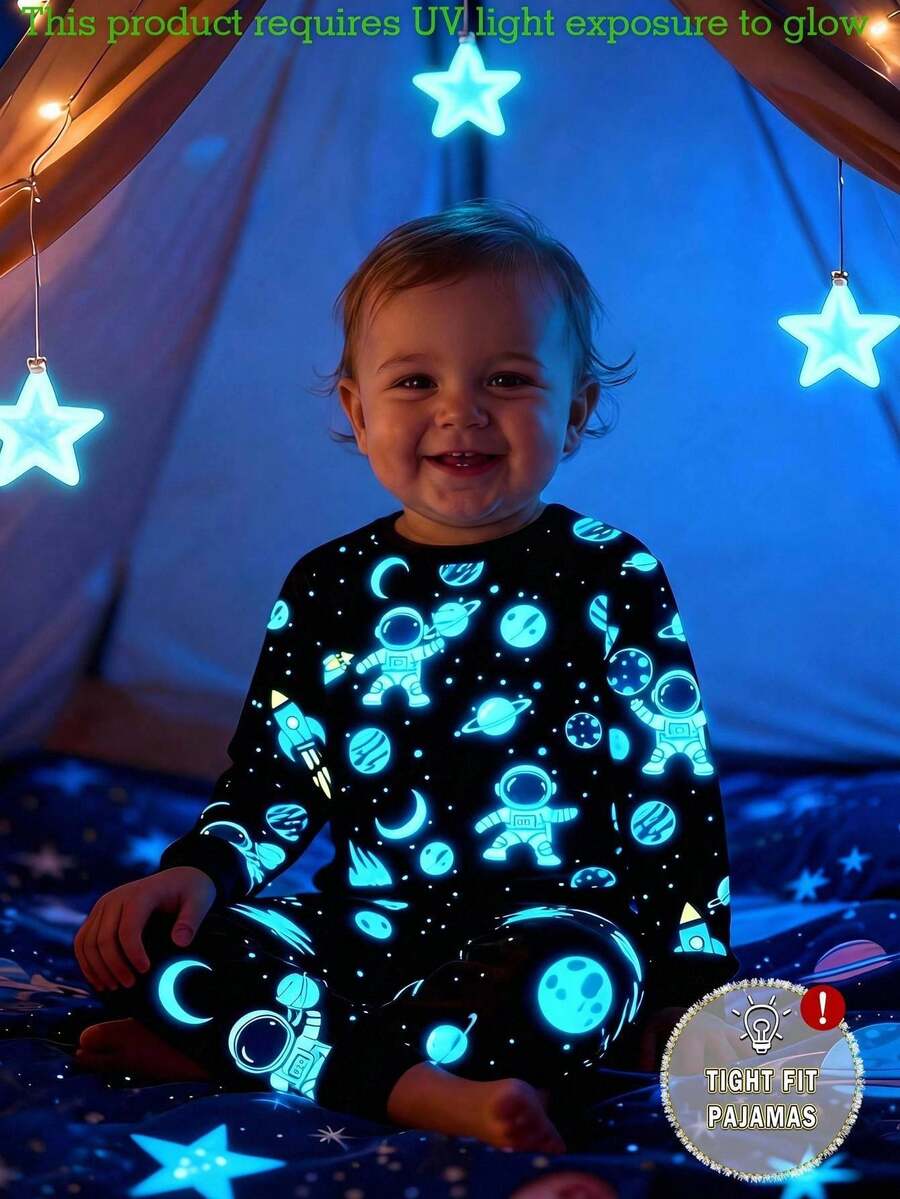 LMoss Kids Ensemble 2 pièces de vêtements de détente pour bébé garçon, t-shirt ajusté à col ras-du-cou avec motif astronaute mignon tricoté et pantalon long - Bleu azur - Voir 1