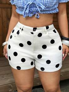 Sunnyshic Summer New Apricot Polka Dot Plus Size Denim Shorts - White - View 8