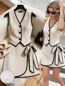 SHEIN LUNE Women's Contrast Trim V-Neck Top And Mini Skirt Casual Everyday Set - Khaki - View 7