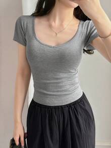 DAZY Women's Solid Color V-Neck Short Sleeve Slim Fit Casual T-Shirt Summer - Grey - View 6