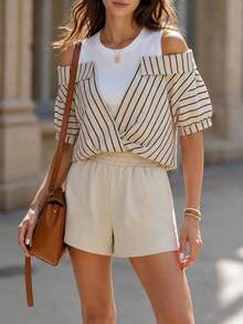 SHEIN LUNE 2026 Summer New Fashion Commute 2 Pieces Set, Striped Shirt Patchwork 2 In 1 Top And Khaki Elastic Waist Shorts, Beige Sleeveless Inner Layer, Casual - Multicolor - View 3