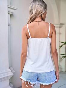 SHEIN LUNE 純棉蕾絲拼接黑色細肩帶背心上衣 - 白色 - 查看 5