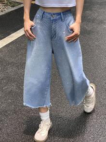 DAZY 水鑽裝飾磨損休閒度假風夏季女款牛仔短褲 - 淺色水洗藍 - 查看 6
