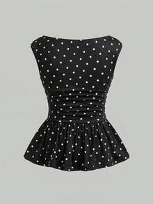 SHEIN Girlism 少女大童露肩波點荷葉邊背心上衣 夏季女童優雅可愛百搭 T-shirt 派對茶會穿搭 黑白配色 - 黑色 - 查看 2