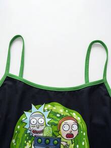 Rick and Morty X SHEIN 女款卡通印花細肩帶背心與短褲睡衣套裝 - 黑色 - 查看 4