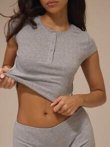MUSERA Set Piyama 2 Potong dengan Detail Kancing Depan, Pakaian Santai, Lingerie, Pakaian Dalam Sehari-hari, Pakaian Dalam Seksi untuk Musim Panas - Grey - View 6