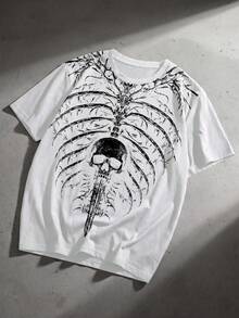 ROMWE MEN Goth Men's Crew Neck Skull Print Casual Versatile Daily Wear Short Sleeve T-Shirt - White - View 1