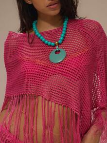 Musera Resort Pink Crochet Knit Off Shoulder Fringed Poncho - Hot Pink - View 6