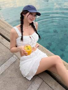 DAZY 3件套女士纹理吊带背心和迷你裙，休闲泳装沙滩装夏季 - 白色 - 查看 4