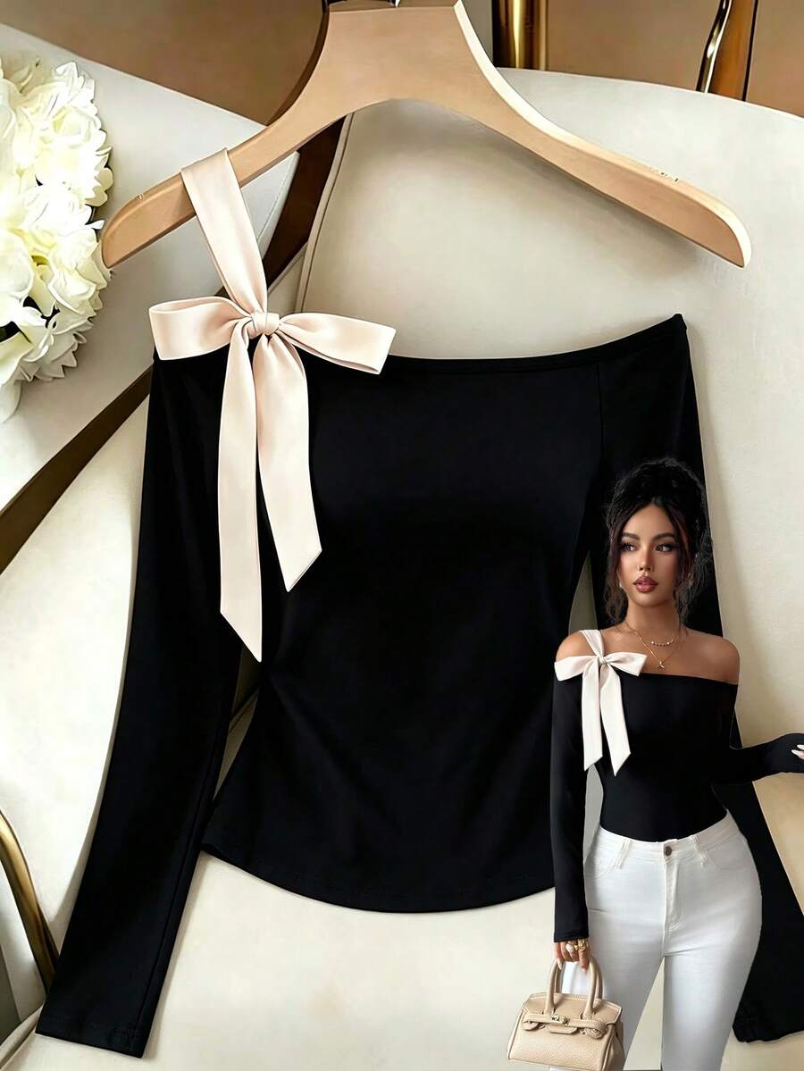 Selianne Camiseta de mujer nueva primavera/otoño con hombros descubiertos, manga larga, de punto, cintura elástica, ajuste ceñido, con lazo de color contrastante, diseño francés elegante y exquisito - Negro - Ver 1