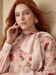 MOTF PREMIUM PLUS SIZE WOMEN'S SPRING/SUMMER ROSE PRINT TIE NECK LANTERN SLEEVE BLOUSE FOR DAILY WEAR AND DATING FALL - Pink - View 3