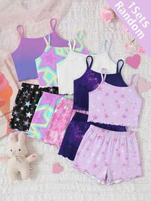 [5 Sets Random, 1 Set Sent] Tween Girls Pajamas, Summer New Fashion Cute Cartoon K-POP Girl Print Knit Ruffle Camisole Top & Allover Print Shorts 2 Piece Sleepwear Set, 1 Sets (Random Delivery) - Multicolor - View 2