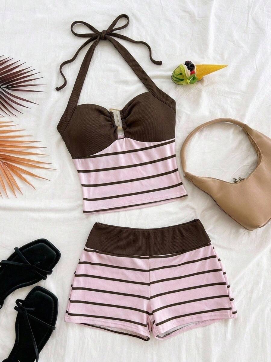 SHEIN Tween Girl Tween Girl Fashion Casual Vacation Striped Colorblock Halter Top Set Beach Holiday Tween Girl - Pink - View 1
