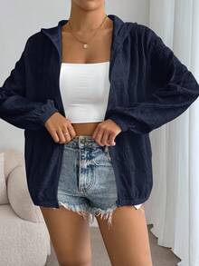 SHEIN Essnce 女款純色長袖拉鍊休閒連帽外套 - 藏蓝色 - 查看 5