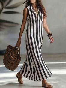 Balvessa Casual Striped Retro Sleeveless Open Front Shirt Dress, Suitable For Leisure And Work, Fashion For Women - Black and White - View 5