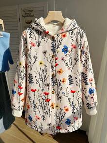 SHEIN 1件少女復古田園風夾克，全印花布料搭配全彩花卉圖案，厚抓絨內裡，連帽設計，木製圓鈕扣，羅紋袖口，中長版寬鬆版型，適合上學、出遊、購物與休閒，加厚秋冬款 - 米色 - 查看 4