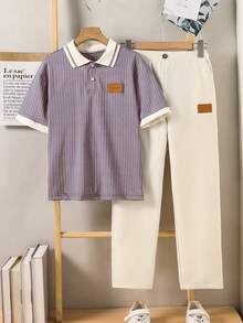 SHEIN 2件組 青少年男孩紳士兩件套 短袖 Polo 衫 + 長褲套裝，優雅正式穿著，適用生日派對、晚會、表演、婚禮、畢業典禮、婚禮賓客、花童、戒童 - 紫色 - 查看 4