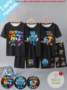 [3 Sets Randomly Sent 1 Set]Tween Boys Pajamas, Spring/Summer New Fashion Cool Glow-In-The-Dark Best-Seller Digital 67 Combination Pattern Printed Knit Tight High Elastic Fabric Short Sleeve Shorts 2-Piece Set Loungewear (UV Light Activated) - Black - View 5