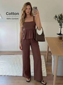 SHEIN LUNE 100%棉 方領露背蝴蝶結荷葉邊背心＋鬆緊腰寬褲 2件套，咖啡棕色，夏季休閒度假風 - 棕色 - 查看 4