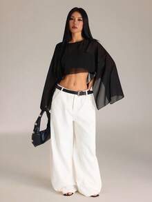 SHEIN PETITE 女款純色圓領不對稱下擺短版時尚上衣 - 黑色 - 查看 6