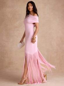 Enchnt Premium Summer Romantic Women's Elegant Pink Tassel Hem Party Holiday Knit Long Dress,Vacation Dress,Graduation Dress,Dress For Wedding Guest - Pink - View 5