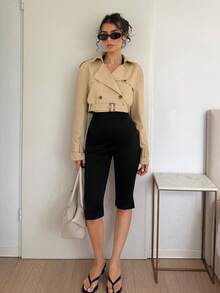 SHEIN EZwear 純色腰帶翻領短款風衣 - 卡其色 - 查看 4