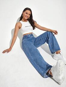 SHEIN PETITE Celana Jeans Denim Biru Wanita Multi-Saku Ukuran Petite yang Modis dan Serbaguna untuk Aktivitas Luar Ruangan dan Perjalanan. - Light Wash - View 5