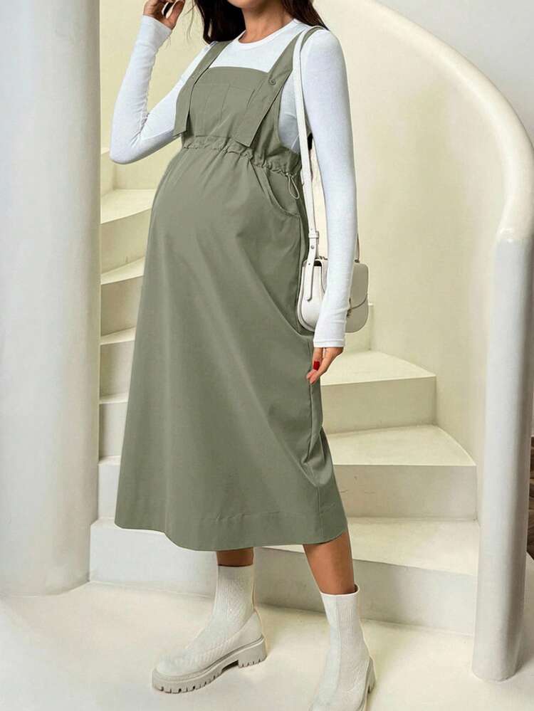 SHEIN Vestido de maternidad de unicolor casual con bolsillos y tirantes - Verde militar - Añade 4