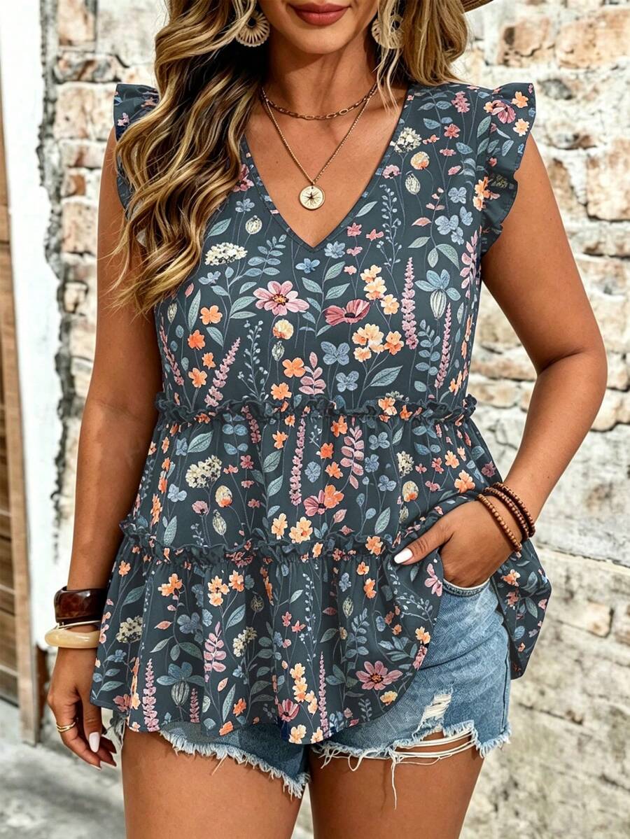 EMERY ROSE Plus Size Woven Floral V-Neck Flutter Sleeve Ruffle Patchwork Elegant, Vacation, Outing, Daily, Spring/Summer Blouse - Grey - View 1