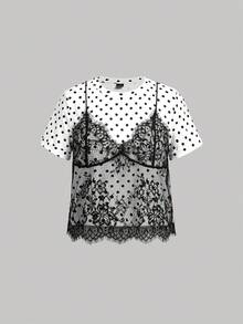 SHEIN MOD 女款黑白波點 2 合 1 蕾絲拼接圓領短版 T-shirt - 黑與白 - 查看 3