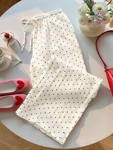 SHEIN PETITE CURVE 大尺碼女款圓點印花寬鬆抽繩長褲 - 淡黃色 - 查看 8