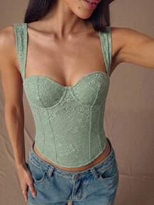 SHEIN BAE 女款鼠尾草綠細緻蕾絲性感吊帶背心 - 綠色 - 查看 4