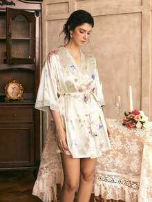 Côtesoire Conjunto de 3 piezas con top de camisola de encaje con estampado floral elegante y romántico de plantas del sur de Francia, shorts y bata de satén - Multicolor - Ver 3