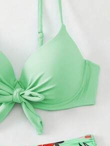SHEIN Swim Swim Lushoire 女士成熟時尚性感泳衣兩件套，青藍孔雀綠前綁帶純色比基尼上衣搭配植物印花短褲，夏季海灘度假風 - 薄荷綠 - 查看 6