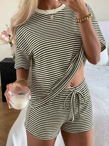Muchica Striped Drop Shoulder Short Sleeve Loose Casual Summer Grey T-Shirt Set - Dark Grey - View 1