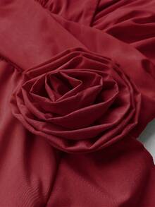 Viva Relle Plus Size Women's Summer Deep V-Neck Cinched Waist A-Line Dress With Ruffle Trim Short Sleeve Long Dress For Outings, Parties, Elegant Gatherings And Weddings - Burgundy - View 7