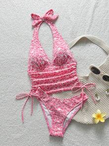 Swim Mod 女款 2 件式紋理多色可愛印花布料細肩帶綁帶比基尼套裝，三角褲底，熱銷海灘度假休閒優雅情人節派對背心吊帶比基尼套裝，適合假期海灘穿搭 - 彩色 - 查看 2