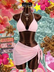 Zestiva 3pcs/Set Solid Color Textured Bikini Swimwear For Beach Vacation For Summer - Pink - View 7