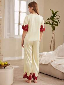 Moireta Women's Mature Elegant Bedroom Glossy Satin Patchwork Contrast Color Eyelash Lace Mid-Sleeve V-Neck Long Pants Pajama Set - Champagne - View 2