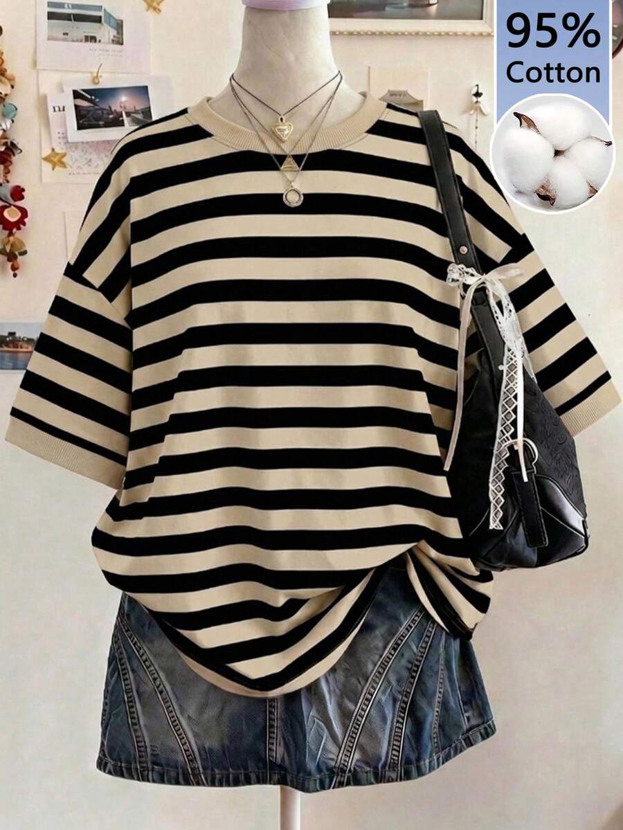 SHEIN EZwear 95%棉女款黑色與杏色條紋寬鬆中長版T恤-落肩設計,休閒/居家 - 彩色 - 查看 1
