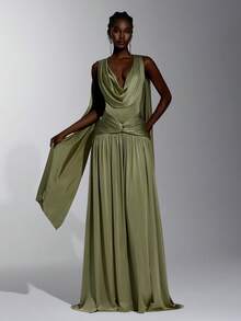 Elitara Elegant Luxurious Beaded Sequin Cowl Neck Back Flutter Sleeve Tassel Elastic Knit Mesh Ruched Bandeau Full Skirt Dress With Strapless Piece For - Army Green - View 4