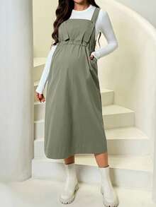 SHEIN Maternity Solid Color Casual Pocket Strap Dress - Army Green - View 3