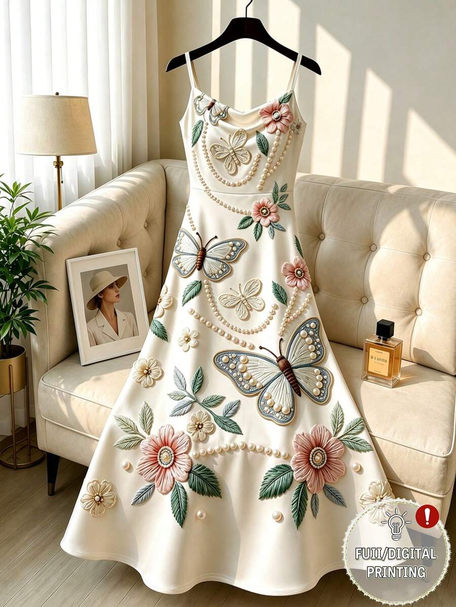 GlowEve Französisches romantisches 3D Blume Muster Kleid, Trägerkleid mit schlanker A-Linie, samtiges luxuriöses Gefühl - Aprikosenfarben - Übersicht 1