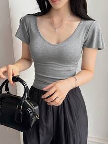 DAZY Women's Solid Color V-Neck Short Sleeve Slim Fit Casual T-Shirt Summer - Grey - View 3