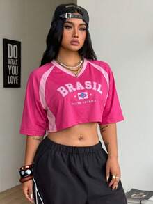 Coolane Camiseta Corta de Talla Grande Casual de Verano con Estampado de Letras y Bloques de Color - Rosa - Ver 8