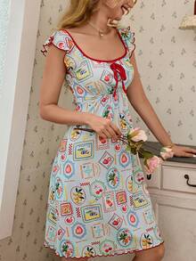 CottageSlumber Romantic Women's Knitted Fruit Print Ruffle Trim Nightgown - Multicolor - View 2