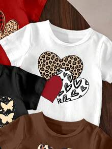 (Random 5 Sets, Send 3 Sets) Summer Girls' Grid Ripple Dot Leopard Pattern Love Butterfly Basic Short T Plus Cycling Pants Set 6-Piece Set - Multicolor - View 8