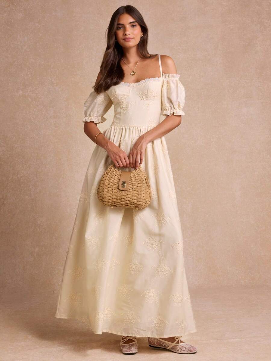 Enchnt Premium Summer Romantic Women's Elegant Apricot Embroidered Fabric Casual Party Long Dress,Graduation Dress,Vacation Dress,Festival Outfits - Apricot - View 1
