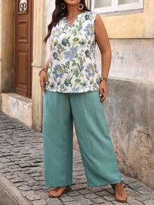 SHEIN VCAY Plus Size Solid Color Notch V-Neck Shirt And Floral Leg Pants 2 Pieces Set Beach Light Blue Teal Summer Boho - Multicolor - View 5