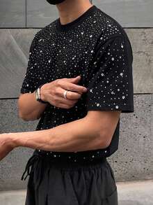 DAZY Black Rhinestone Embellished Loose Short Sleeve Men's T-Shirt Summer - Black - View 6